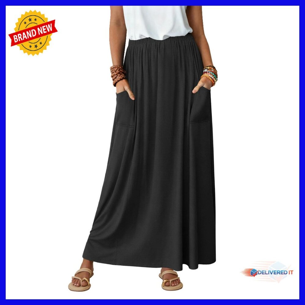 Maxi Skirt With Pockets, Elastic Waist, Flowy A-Line, Lightweight Rayon Blend